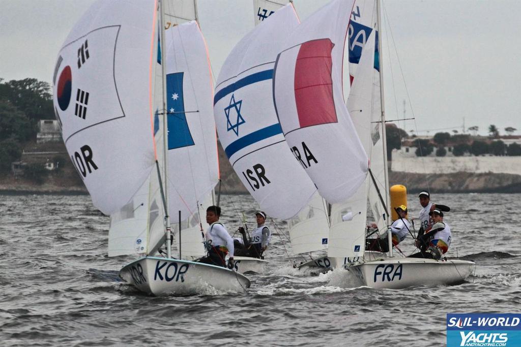 Finish Mens 470 Race 1 - Day 3, 2016 Olympic Regatta © Richard Gladwell www.photosport.co.nz